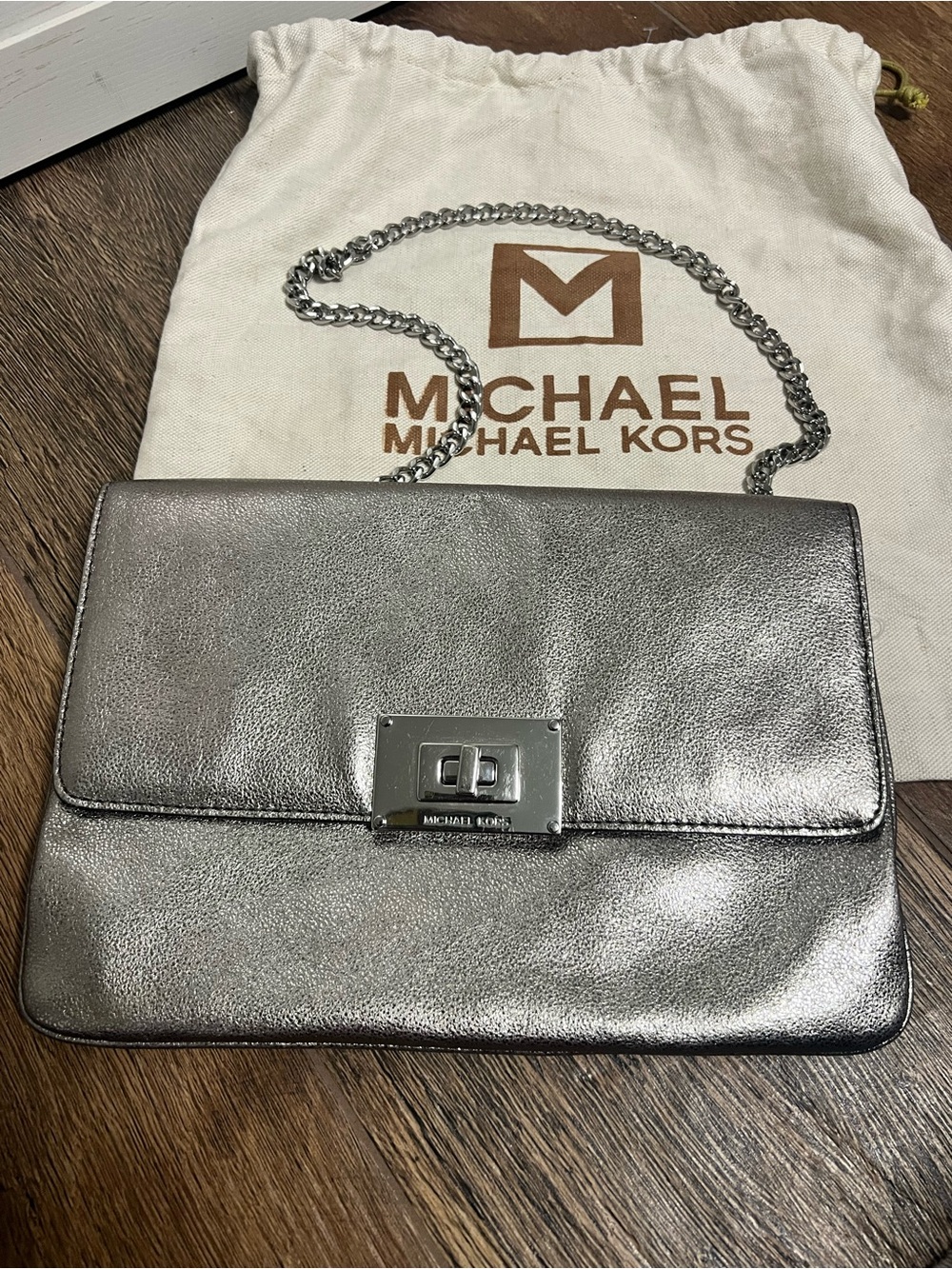 Michael Kors Sloan Metallic Silver Leather Turnlock Shoulder Bag Clutch